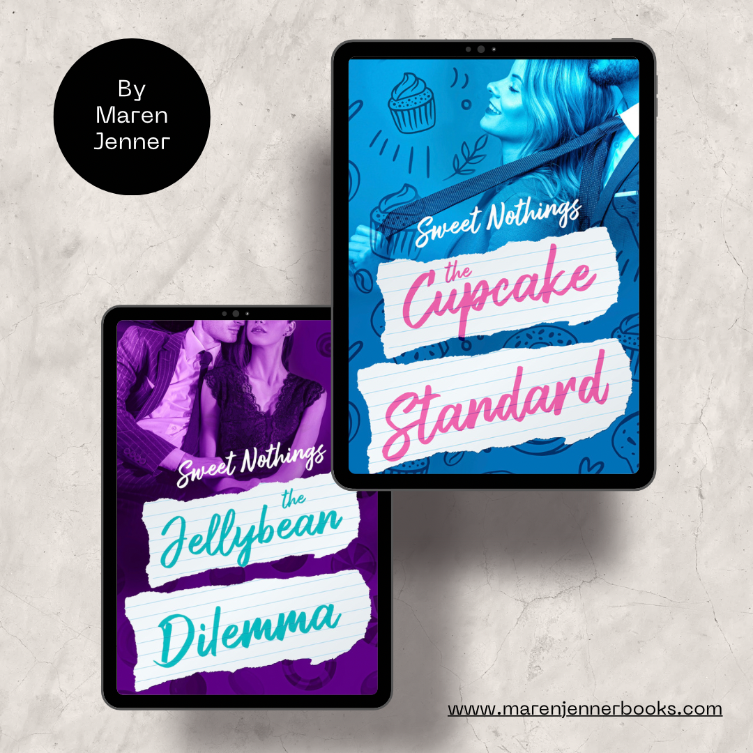 Two e-readers on a marbled creamy background, both showing book covers. One is blue with a lady grabbing a man's tie with the title The Cupcake Standard. The other is purple with a well dressed man and woman sitting next to each titled The Jellybean Dilemma. A little black circle say By Maren Jenner