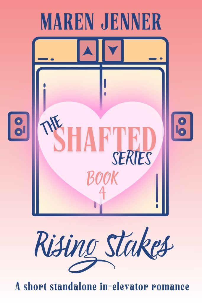 All the Stops, a short, standalone, in elevator romance. The Shafted series, book 4. Melon ombre background with a yellow set of elevator doors front and center, overlaid by a pink heart